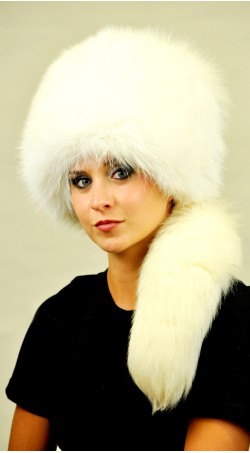 White fox fur hat with tail